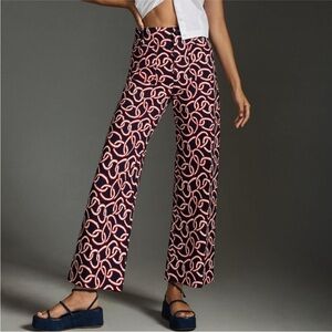 Anthropologie Maeve The Colette Cropped Wide Leg Pants Red Blue Pattern Size 32P